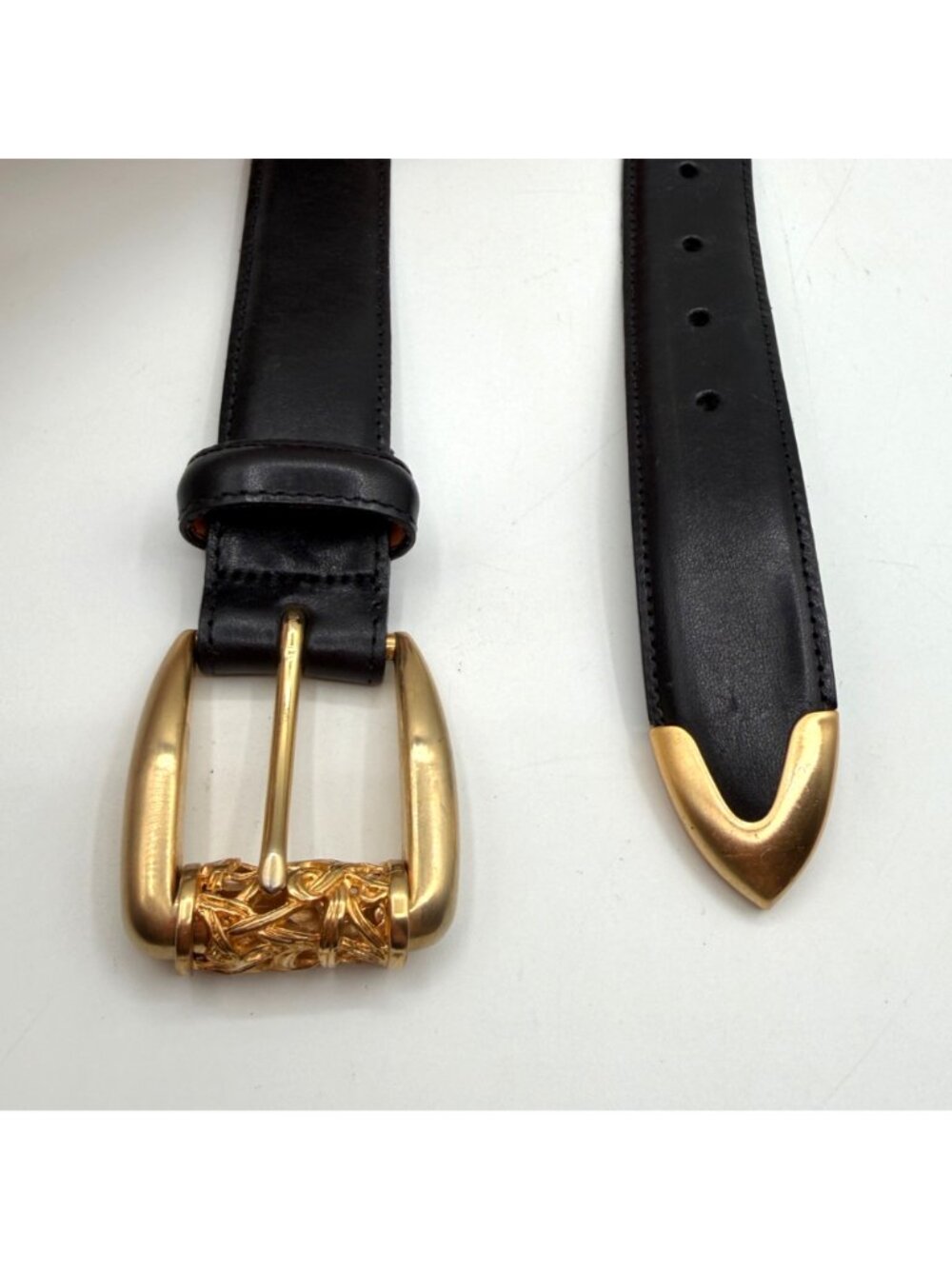Vintage 1993 Brighton Black Leather Belt Brass Buckle 41723 Size M - Picture 3 of 6